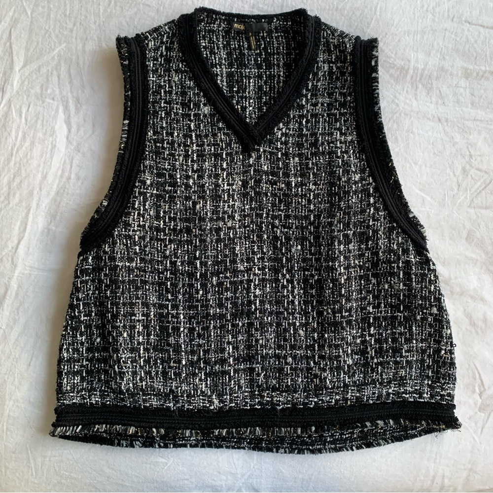 Maje Liaco Tweed Fringe High V Neck Sleeveless Blouse Top Vest Black White